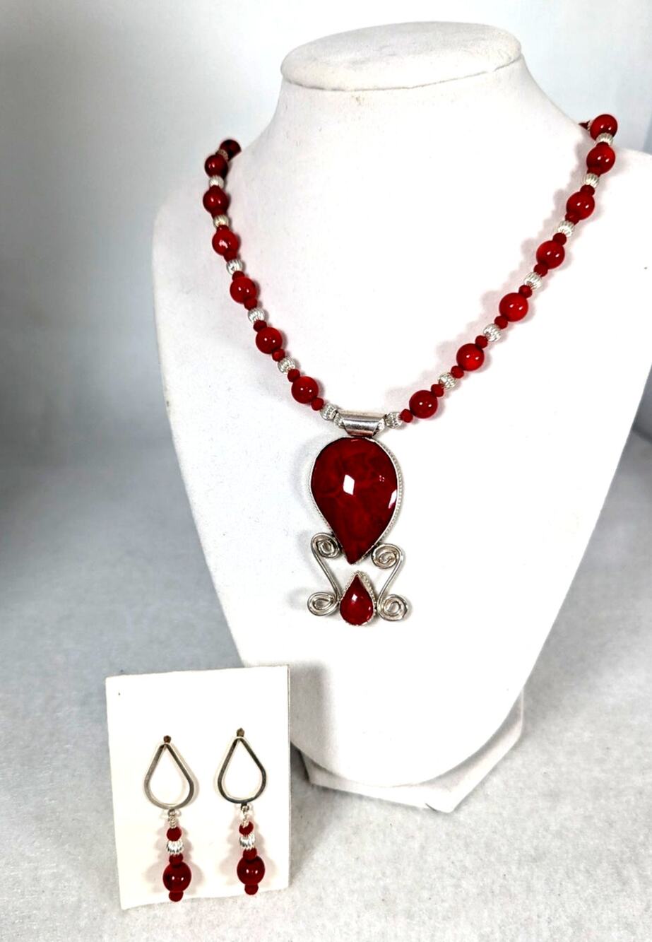 Indonesian coral+ crystals  necklace+earrings Sterling SP beads Statement NWT